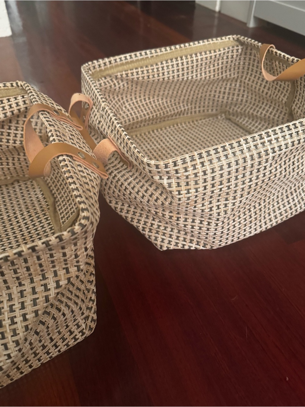 Woven Storage Basket with Leather Handles - Natural Black & Cream